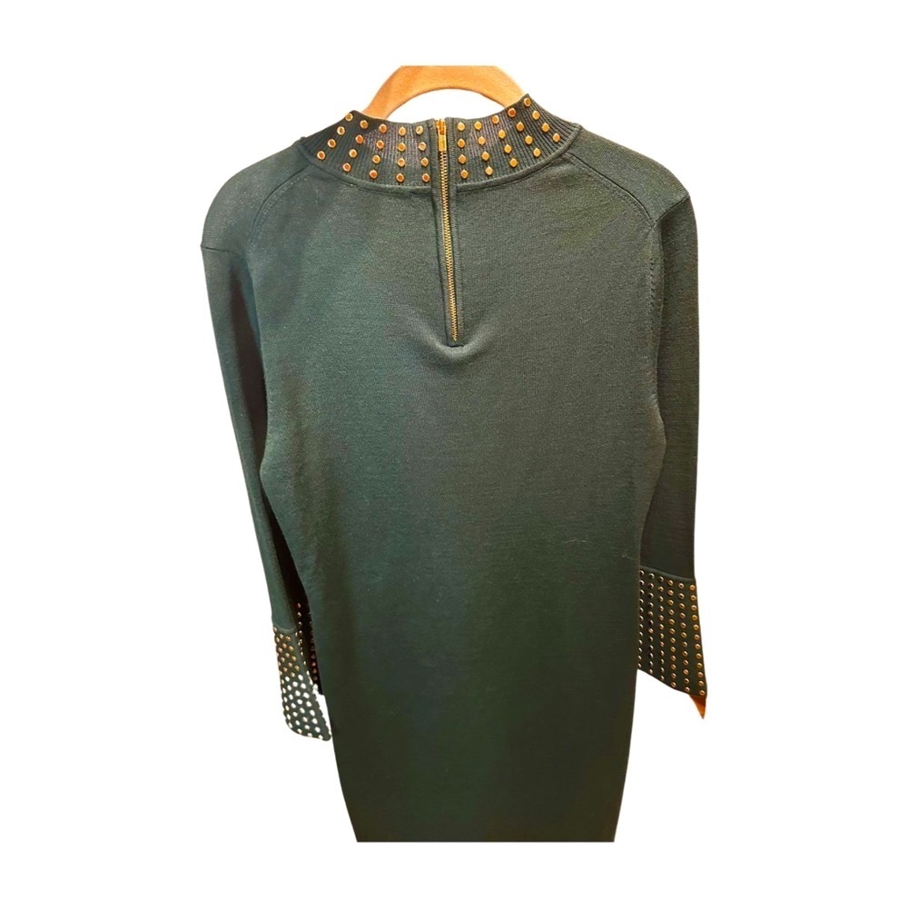 Calvin Klein Long Sleeve Green Mock Neck Sheath Dress With Gold Studs-NWT-L - Picture 11 of 15